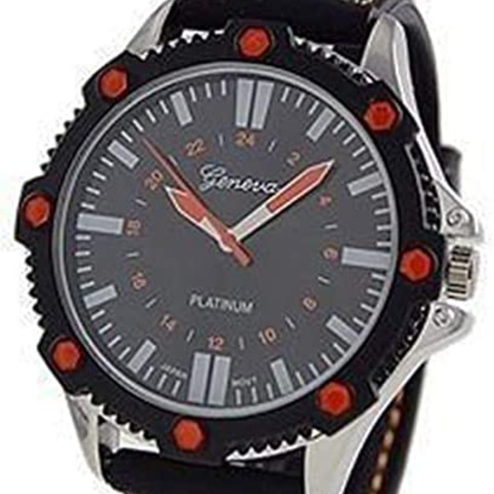 Geneva Platinum Silicone Stitching Watch-BLK/RED/SIL